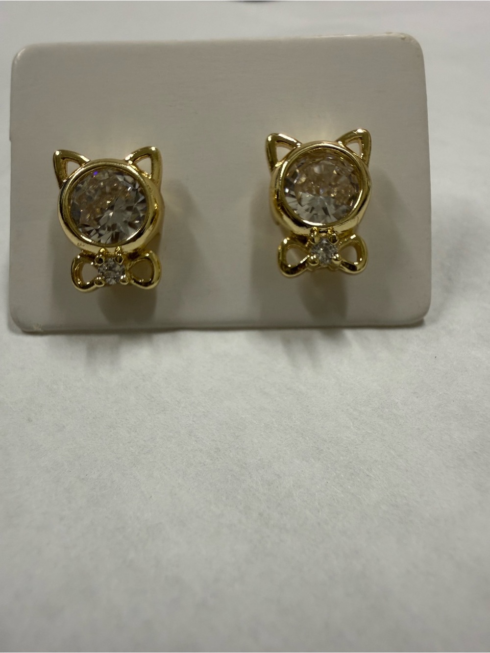 14k Gold Electroplated Cat Stud Post Back With Cubic Zirconia Earrings